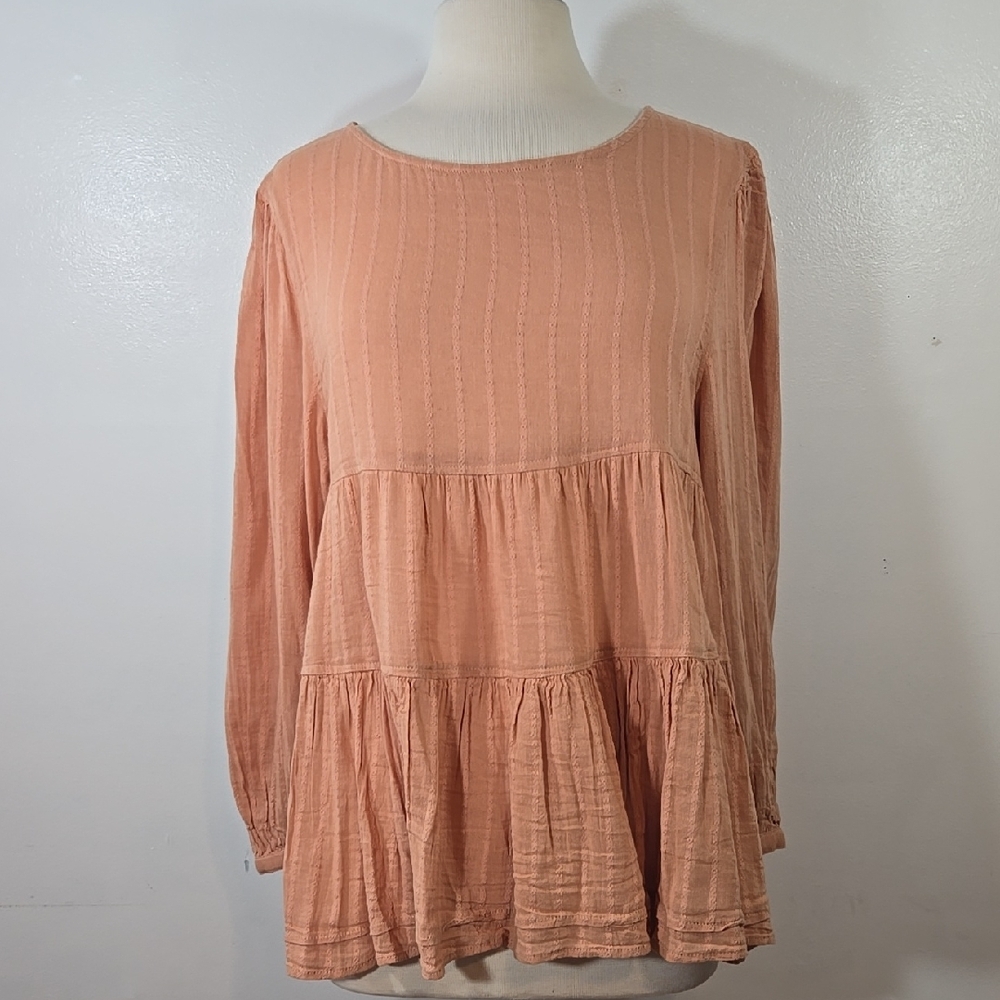 American Eagle Peach Tiered Open Back Long Sleeve Boho Babydoll Top Medium